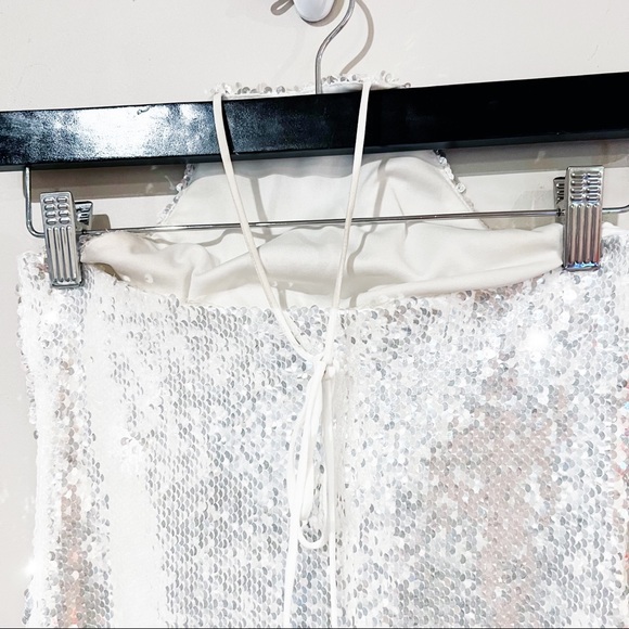 Topshop Sequin Halter Mermaid Iridescent Mini Tie Neck Dress size 0 - Picture 5 of 9